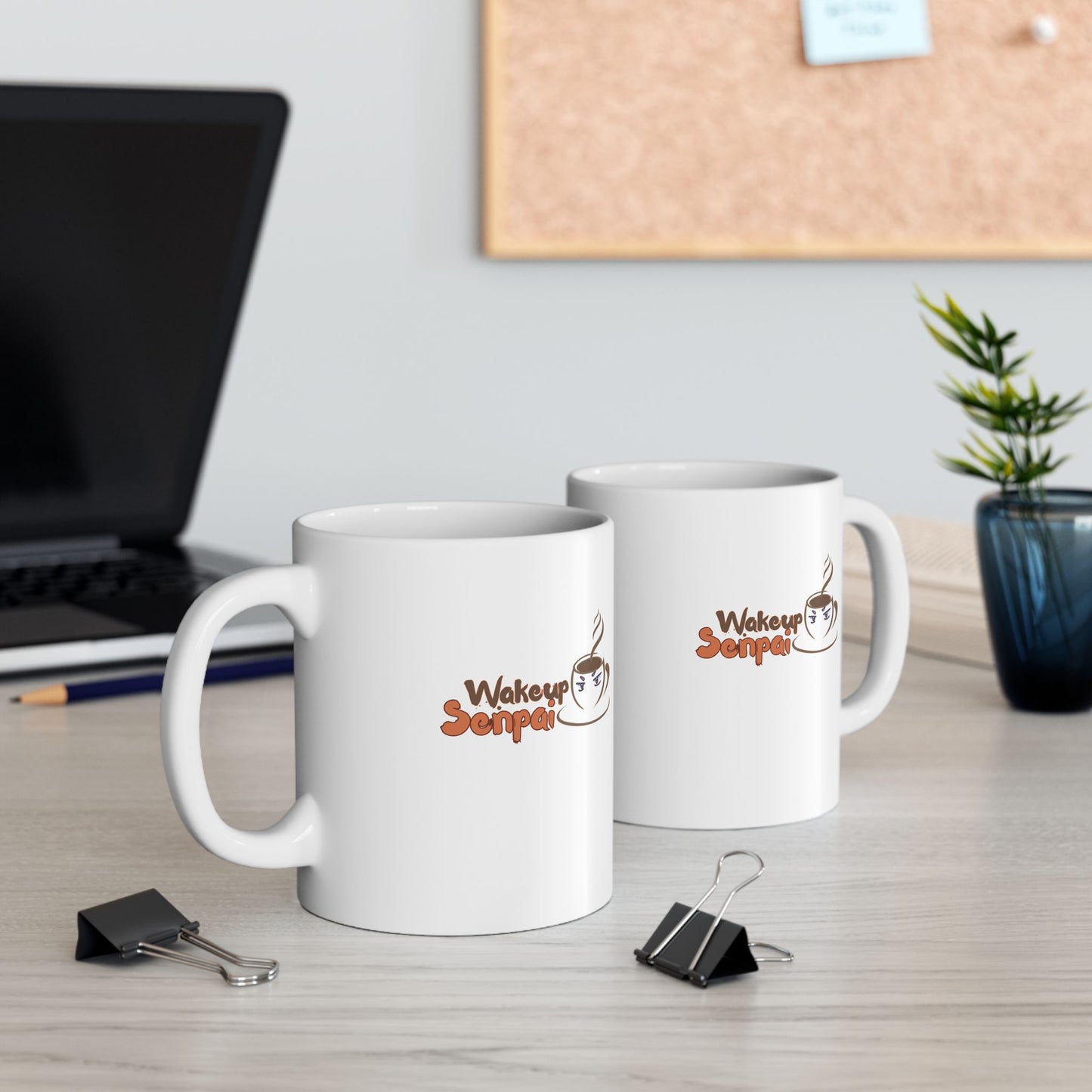 WakeUp Senpai Logo Ceramic Mug – Anime Eyes & Coffee Steam