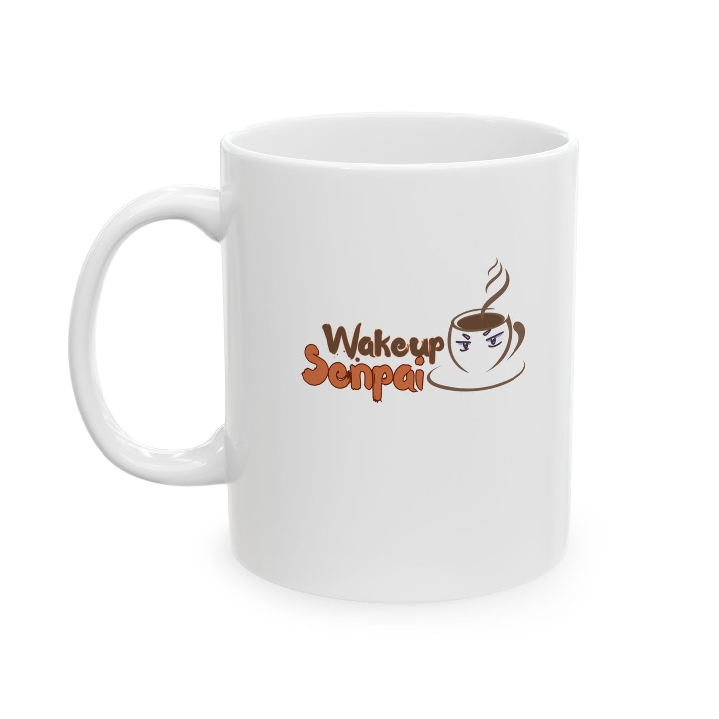 WakeUp Senpai Logo Ceramic Mug – Anime Eyes & Coffee Steam