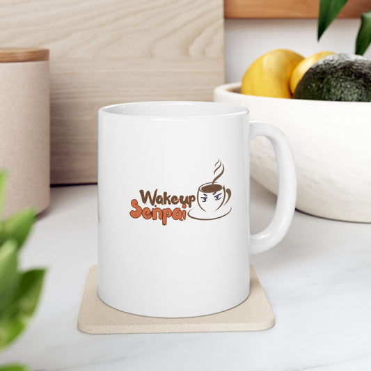 WakeUp Senpai Logo Ceramic Mug – Anime Eyes & Coffee Steam